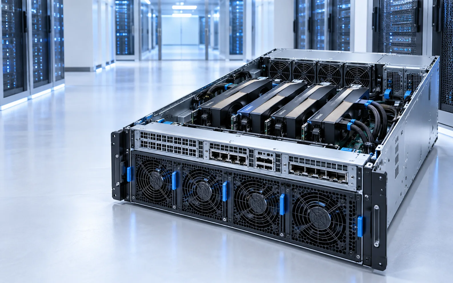 机房内打开机盖并展示多张 GPU 的裸金属服务器